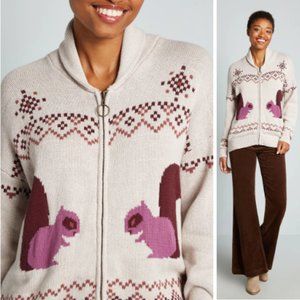 NWT Modcloth Cream Purple Pink Squirrel Zipper Cardigan Small